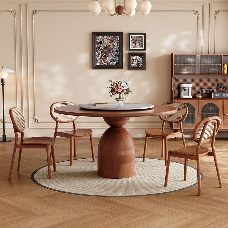 竹戴岩板圆桌餐桌转盘小户型家用圆形简约饭桌复古实木餐桌椅组合