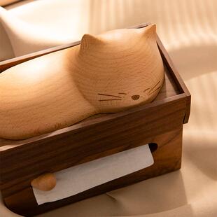 黑胡桃木盒创抽意猫咪实木纸巾TSK盒轻奢客厅餐餐纸厅实木餐桌巾