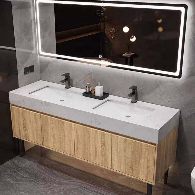 现代简约双盆浴室柜组合大理石落地式洗漱洗脸盆柜体
