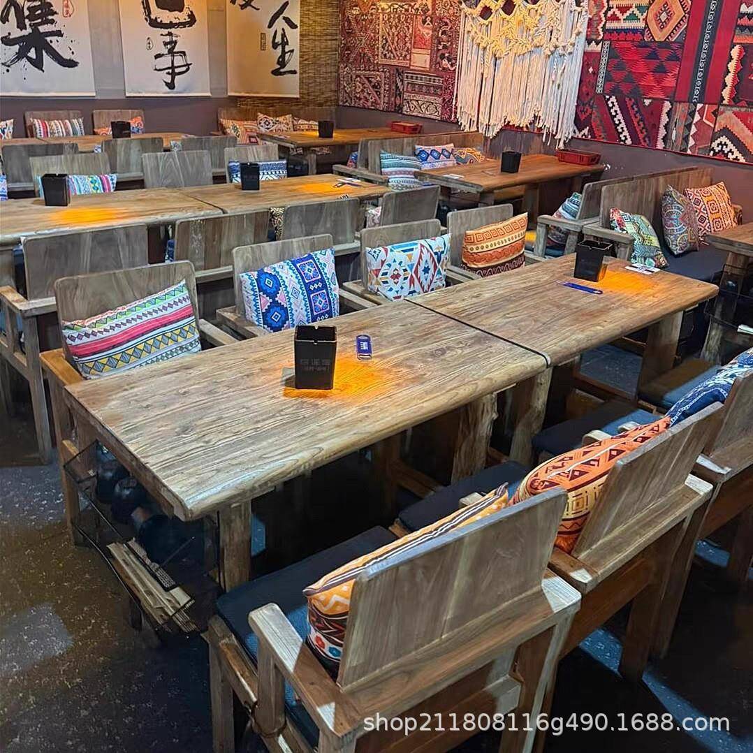 民谣集馆酒发桌椅实卡座沙椅子老榆木木民谣集-长方靠背椅酒吧椅