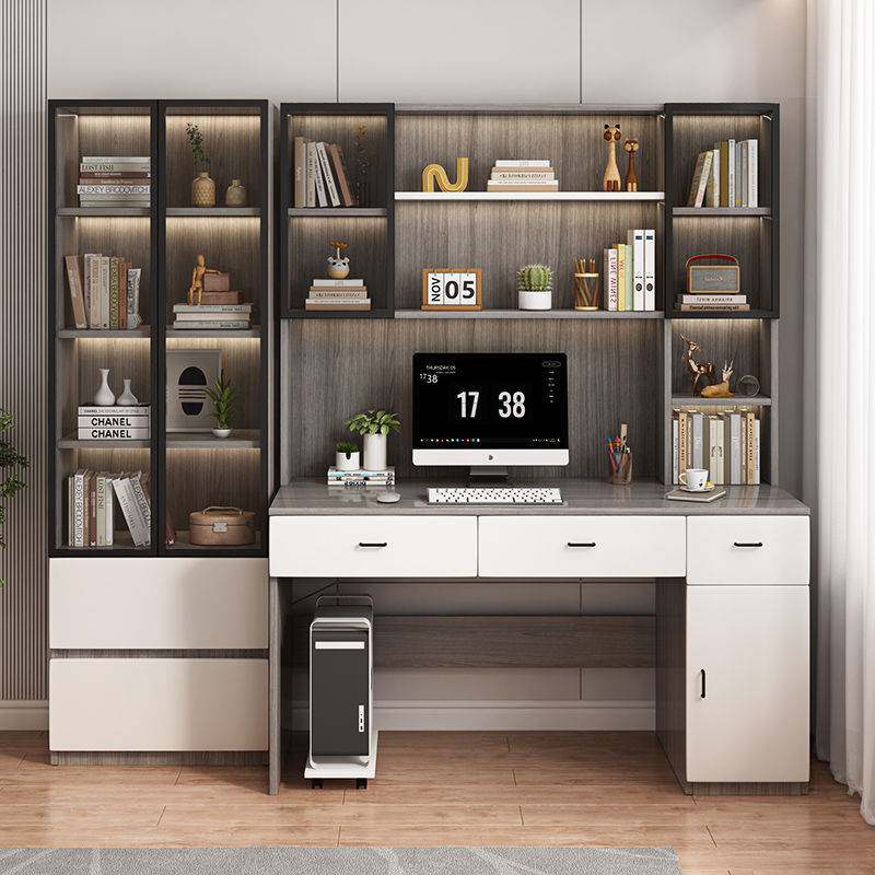 实木加厚书桌一体家用小户型卧室书桌书架组合儿童学生写字电脑桌