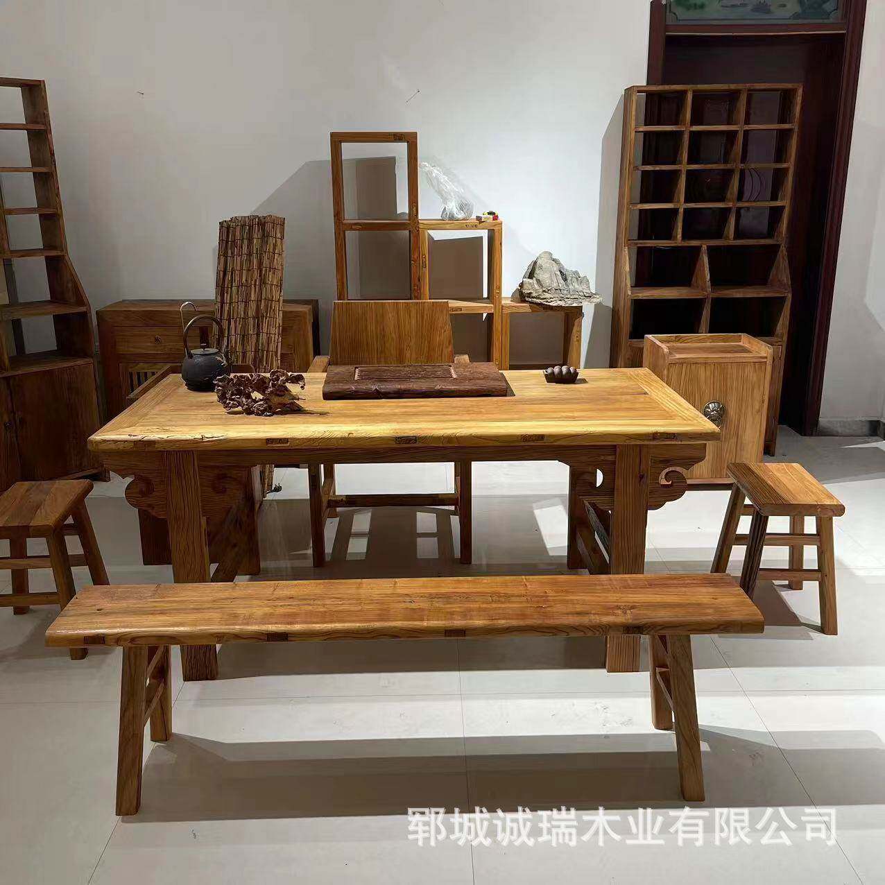 新中式老榆木门板茶桌吧台原木餐厅餐桌椅饭店实木大板桌子长条凳