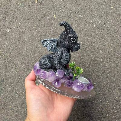 amethyst candle holder 紫晶牙玛瑙片树脂黑龙烛台树脂工艺品