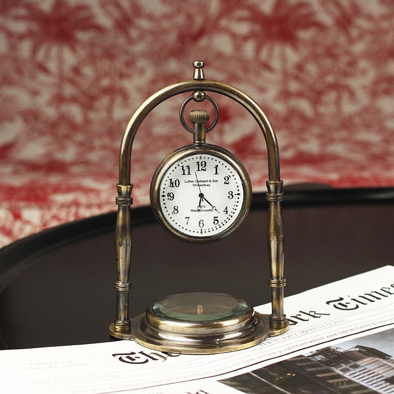 进口黄铜桌面小钟表座钟指南针个性装饰桌面高档复古怀旧书房摆件
