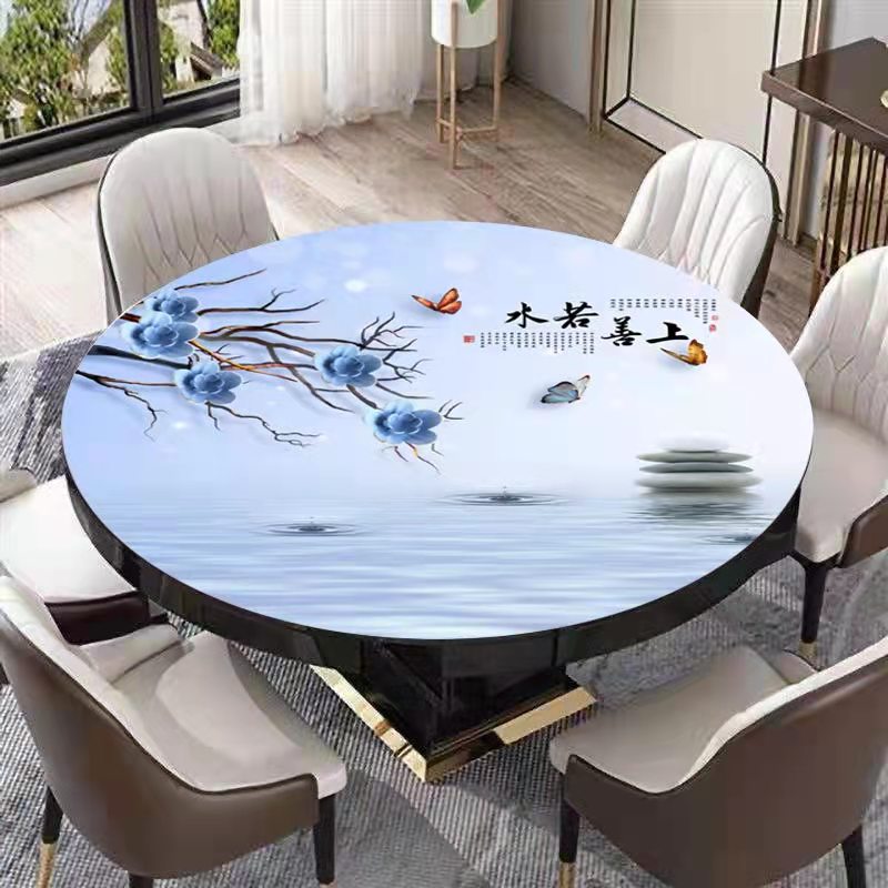 圆形桌垫防水防烫防油免洗可折叠伸缩桌桌布pvc软玻璃3D印花简约