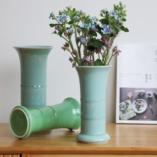 龙泉青瓷花瓶素色中式插花瓶宽口古典家居摆件装饰干花陶瓷花觚瓶