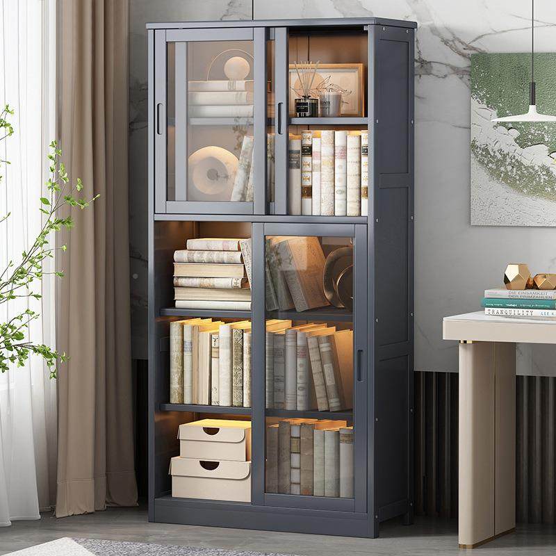 靠防尘落地客厅书架展示柜家用组装奢轻璃门书柜推玻GRW拉墙门带