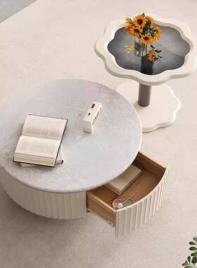 奶油岩板几电视柜茶组合轻圆形茶几白色现风代TYS简约小户型落地