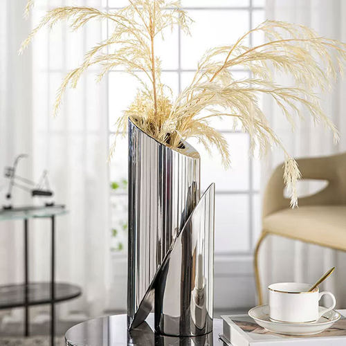 现代艺术不锈钢花瓶摆件样板间客厅茶几餐桌面花器插花摆设装饰