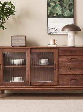 美黑胡桃木餐边柜现代简储物柜茶柜日式樱TJS桃木实约木北玻水璃