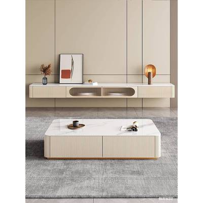 奢奶小油板风岩悬浮电视柜茶几组合现代XFM简约挂壁式轻储物户型