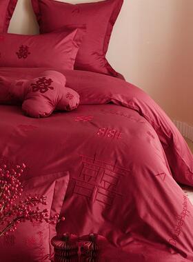 婚庆140S绒FS757346棉喜件套棉结婚房字四床笠款红色新婚床a长ω