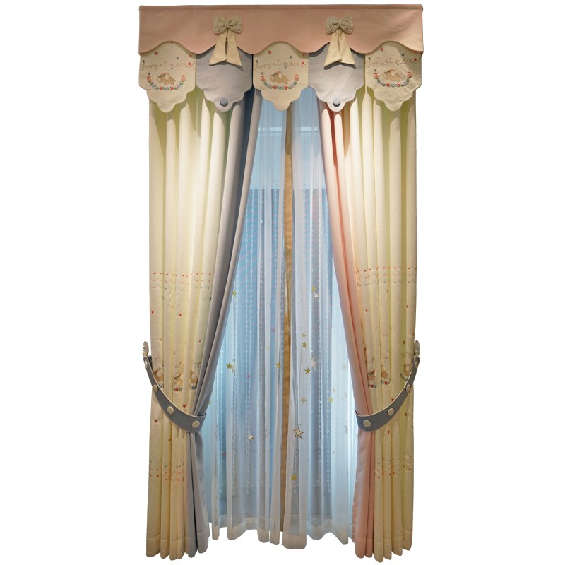 高档卡通儿童房卧室窗帘女孩公主风绣花大象可爱遮光窗帘布星星纱