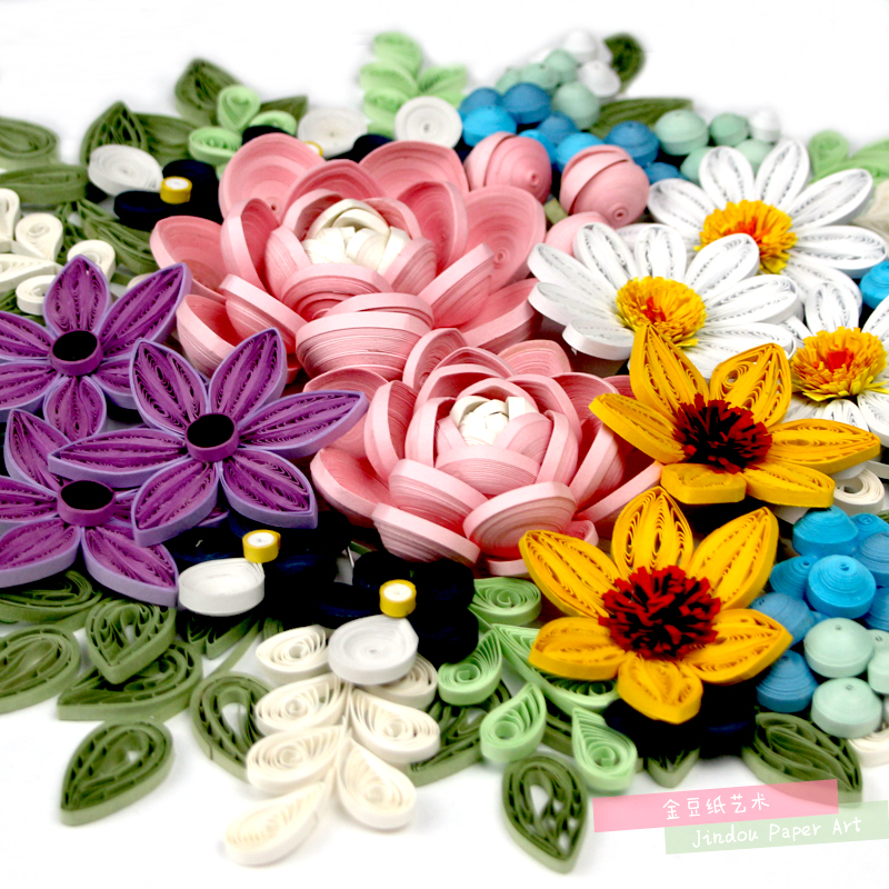 衍纸材料包装线稿图花好月圆繁花似锦手工折卷纸立体花篮成品画