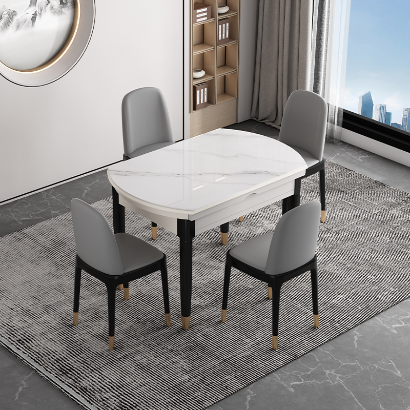 岩板餐桌家用小户型方变圆现代简约伸缩圆桌实木长方形折叠餐桌