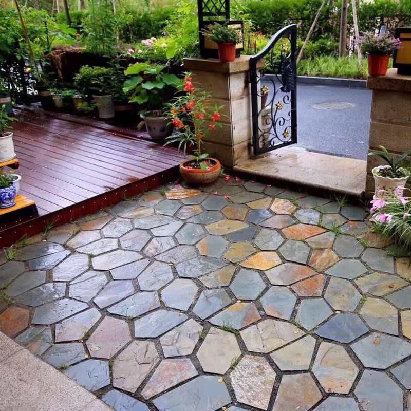 天然青石板冰裂纹碎拼庭院地砖外墙文化石防滑铺路室内花园铺路砖