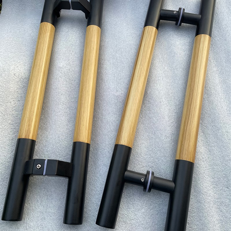 钢化玻璃门拉手哑黑木纹把手木门防火门推拉门黑色圆管木纹拉把手