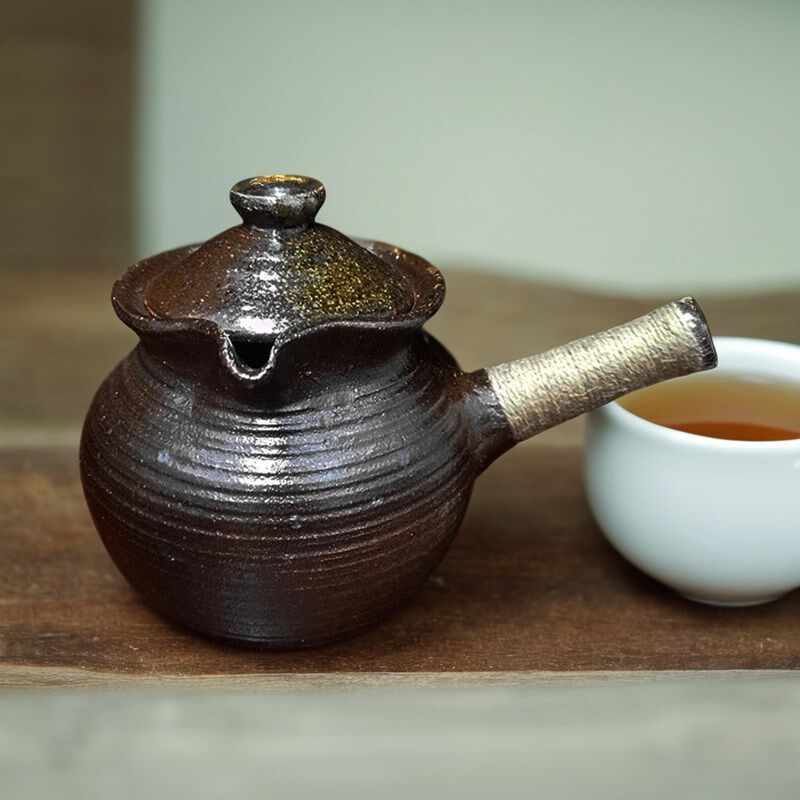 云南烤茶罐粗陶炕茶罐煮茶器全手工柴烧老岩泥带盖侧把大理三道茶
