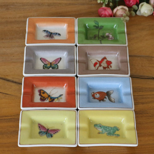 10cm欧式手工彩绘花鸟创意烟碟陶瓷迷你小烟灰缸方形烟缸小碟定制