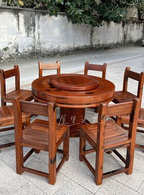 老船木圆形餐桌8人饭桌带转盘实木小户型民宿家用大圆桌餐椅组合