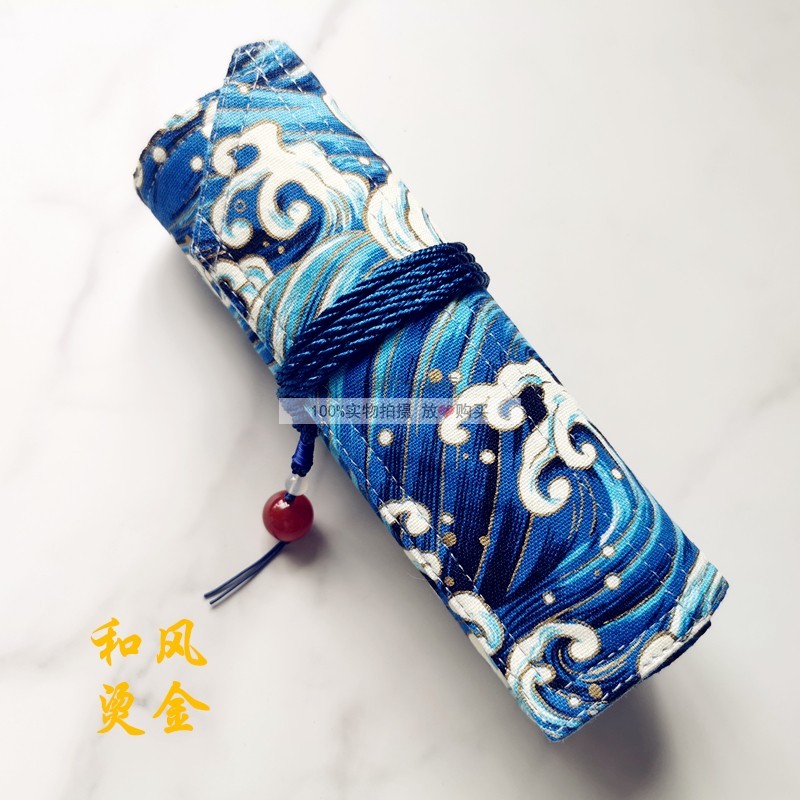 一诺千金新款手作蓝色和风烫金钢笔手工笔帘 乘风破浪 时尚卷笔袋