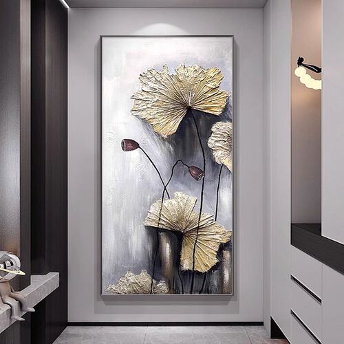 大芬油画村荷花玄关装饰画中古风入户正对门客厅挂画走廊过道壁画