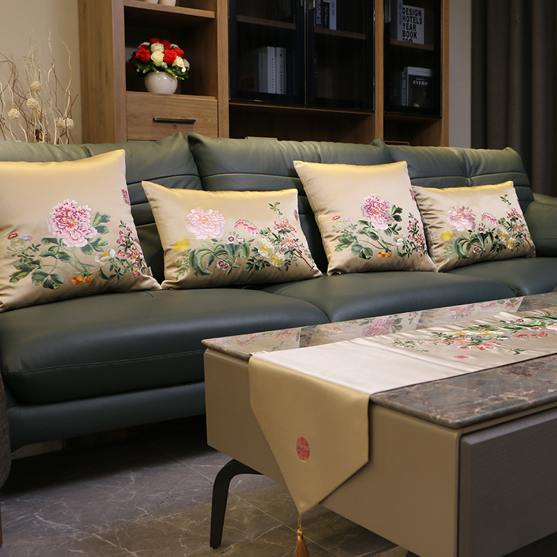 实拍现代中式沙发抱枕靠垫绸缎刺绣花卉桌布桌旗床柜旗茶餐垫流苏