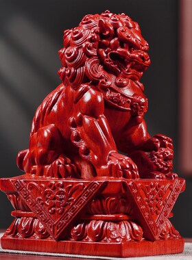 实木红色狮子摆件黑檀木雕宫门狮工艺礼品客厅办公装饰桌面小摆件
