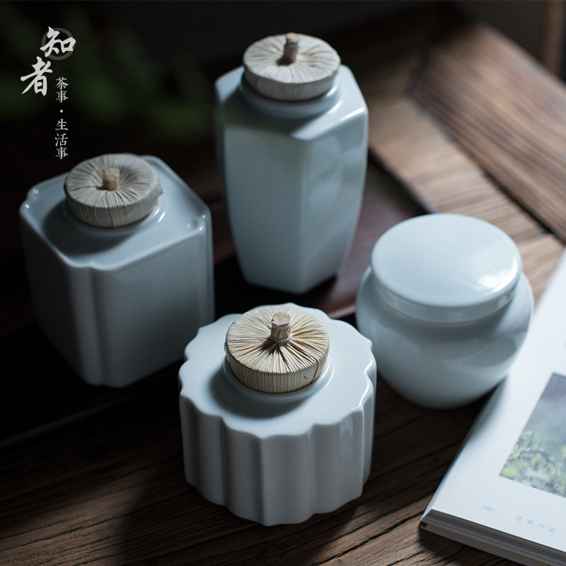 青白瓷小茶叶罐 小号醒茶罐茶仓清雅青瓷软木塞密封罐陶瓷存储罐