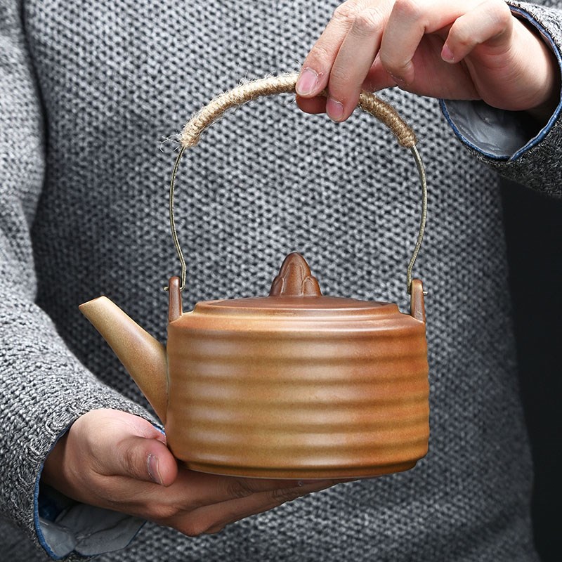 柴烧提梁壶粗陶煮茶壶老岩泥复古围炉温茶壶家用泡茶壶单壶手提壶