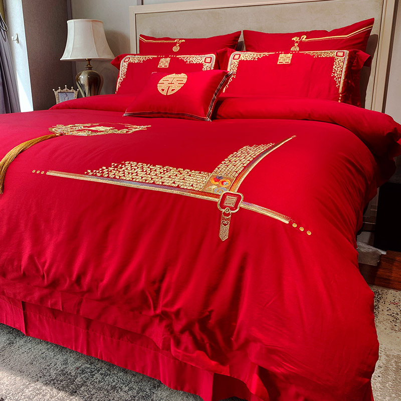 恒洽家纺婚庆全棉牀单牀盖四件100支刺绣结婚大红色被牀上用品
