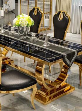 DT003#轻奢钛金色锈钢大石餐桌椅组合尚简约现代时网红家用不理6