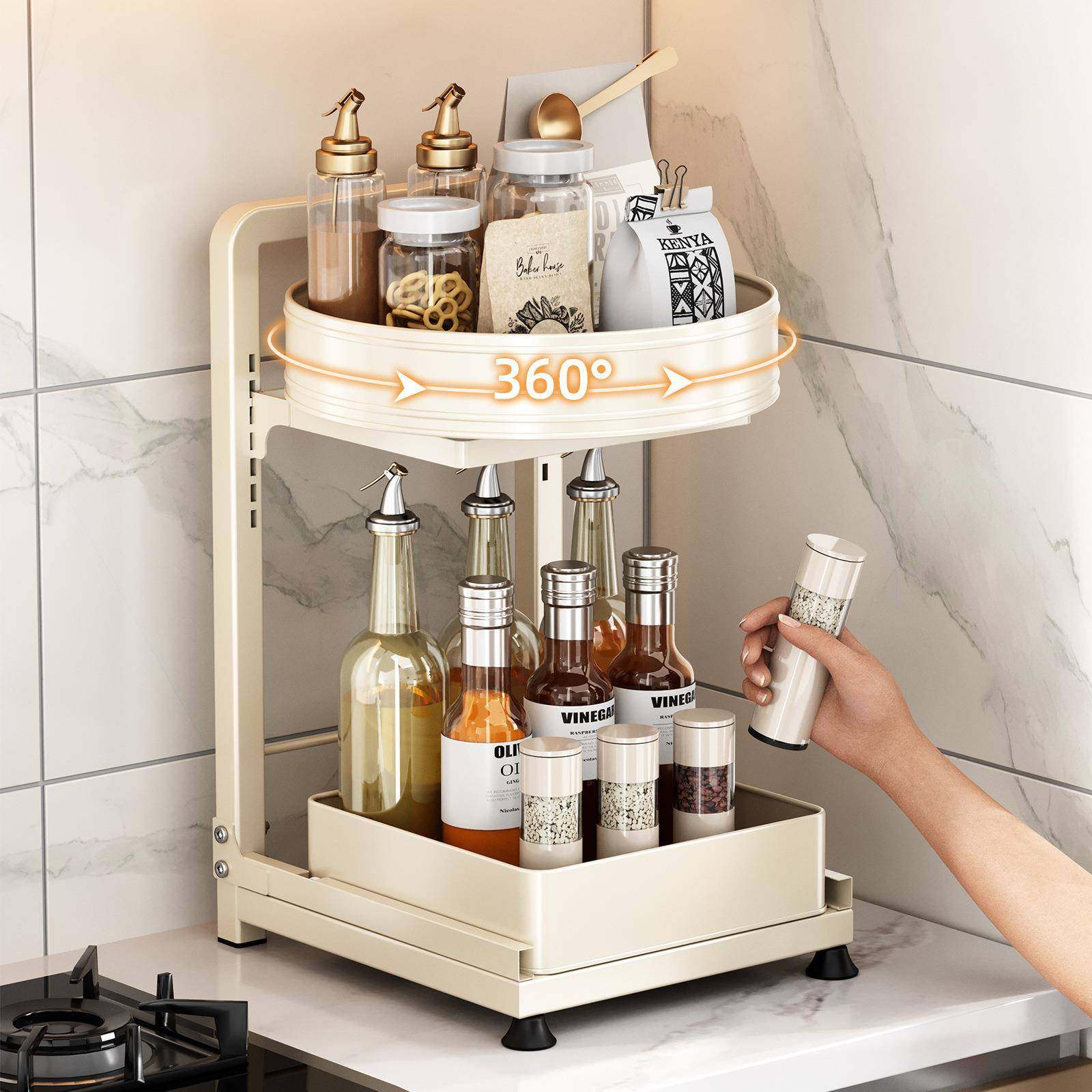 旋转调置物架双层厨房台面调调料QRL品架三层纳转角料多功能味品