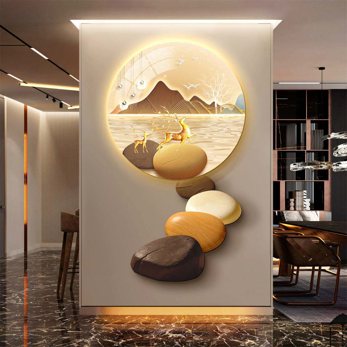 发光石来运转led带灯轻奢入户玄关九鱼图山水装饰挂画走廊墙壁画