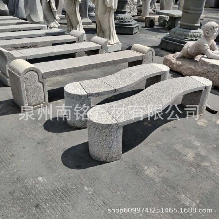 现货石凳子户外 公园庭院大理石长条石凳 一体雕花长条背靠椅摆放