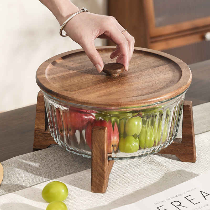 中式相思木盖水果盘客厅家用个性零食盒玻璃果盘高档糖果盘干果盘