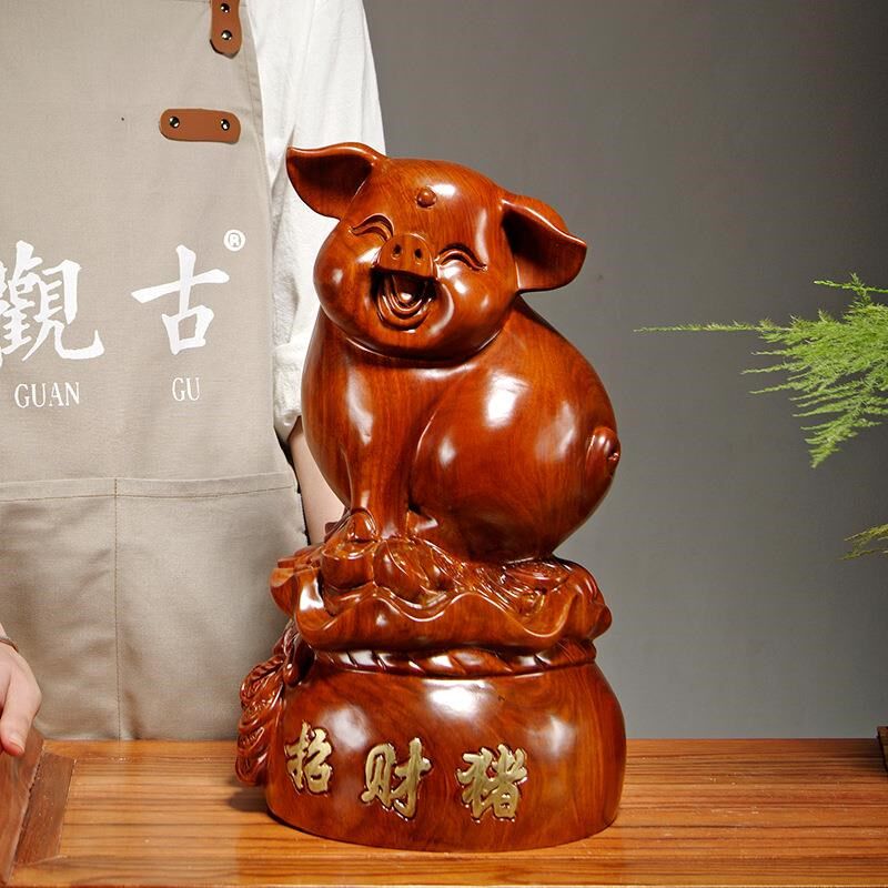 花梨木可爱笑脸猪雕刻十二生肖摆件家居件客厅电视柜装饰开业送礼