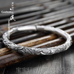 高档民族风99足银银纯手工云南雪银圆柱满雕莲花镯个女款纯银性手