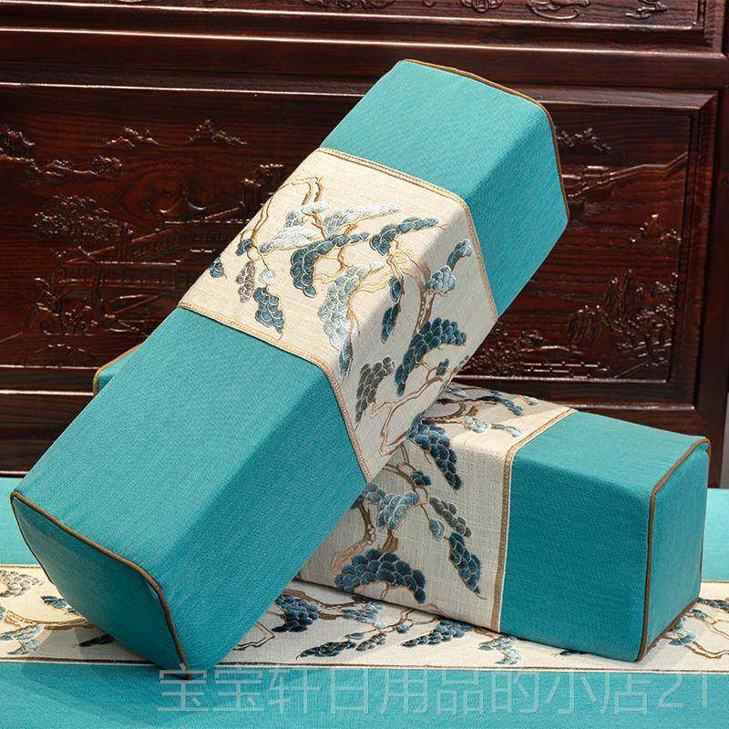 正品亚麻现代中发式抱枕红刺木沙发靠绣花实木沙棉长方形扶手方枕