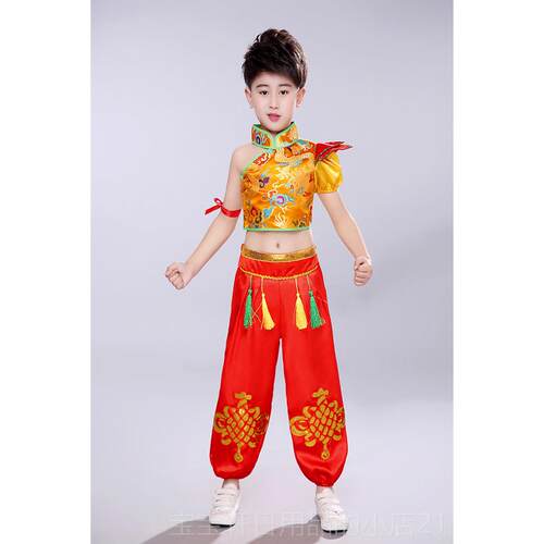 高档儿童开红女喜庆鼓服男童中国风说唱民打族秧门歌服幼儿舞蹈演