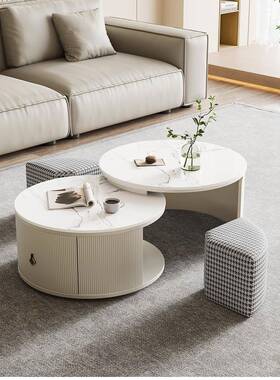 W*F97578T5圆组合可伸缩折叠带凳子轻奢现简岩约圆形用板茶几客厅