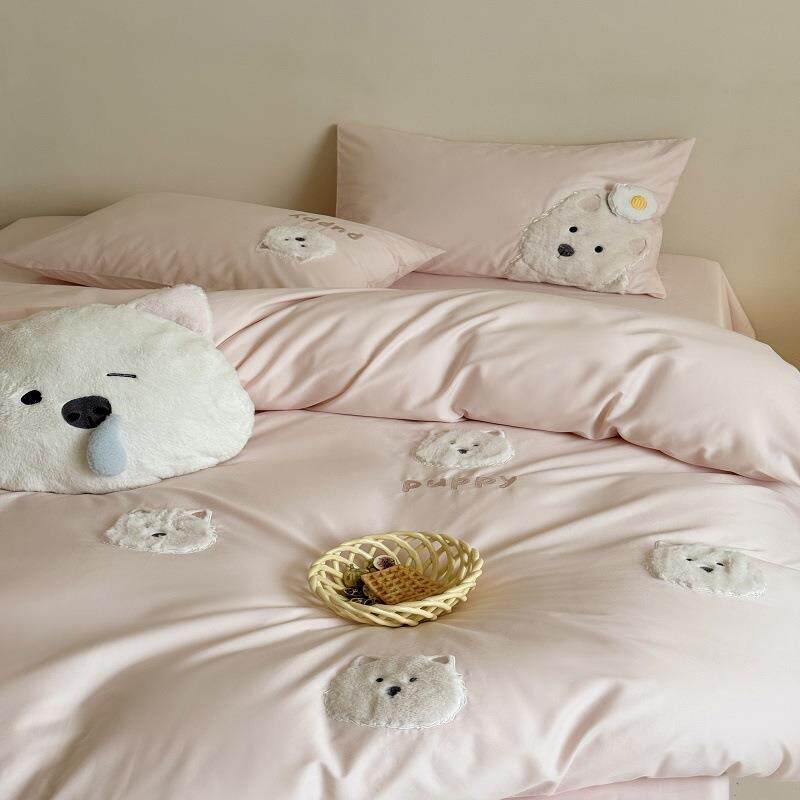 秋冬10舍S全棉磨毛可爱小狗贴布绣花床上用品四单件套0LB202508宿