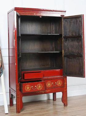 明纳清实木式复古一体式衣柜47520做旧收储物柜彩绘加高大喜联置