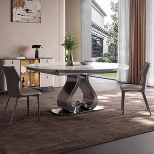 轻奢岩板伸缩折叠餐桌方圆两用不锈钢多功能电磁炉小户型家用饭桌