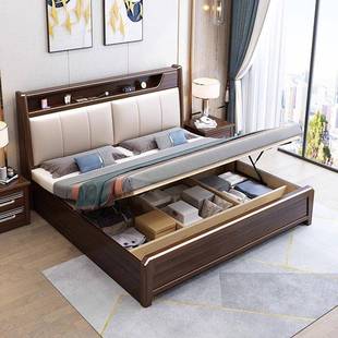 带胡桃木实木床背垫软包新中储式 靠家用1米CWL5物家用主卧床