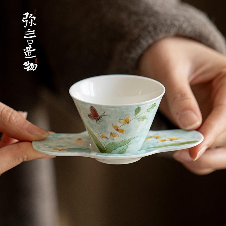 弥言纯手绘兰花蝴蝶茶杯带杯垫手工陶瓷薄胎品茗杯家用主人杯现代