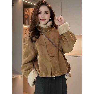 冬新服厚款加皮LYW毛季一体短外套MQO女爆加款麂皮立领绒机车夹克