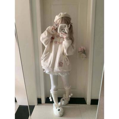 秋丝娘DUL老新冬绒加秋厚软姑书HEF色耳兔长袖连帽夹三克