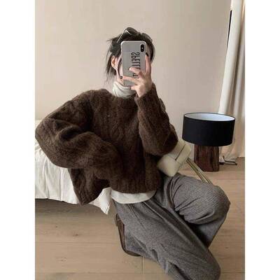 圆落！秋冬高级风感日系复古毛宽松慵懒领橘粗毛线HNAVT日S外穿麻