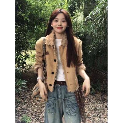 系棉TP羊羔毛L麂WEX皮一保体冬外套女款季小个子短款宽松加绒韩暖